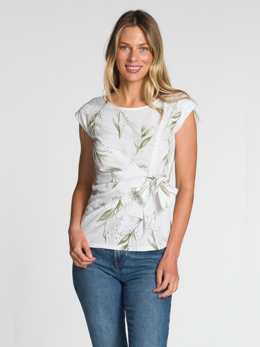 DKR Apparel Soft Jersey Floral Side-Tie Top-Green/White Leaf